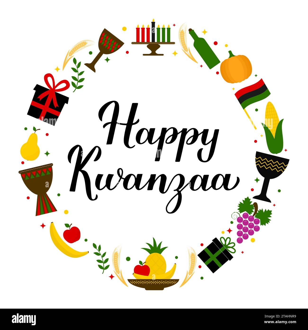 Happy Kwanzaa calligraphy round sign. African American holiday. Vector template for typography ...