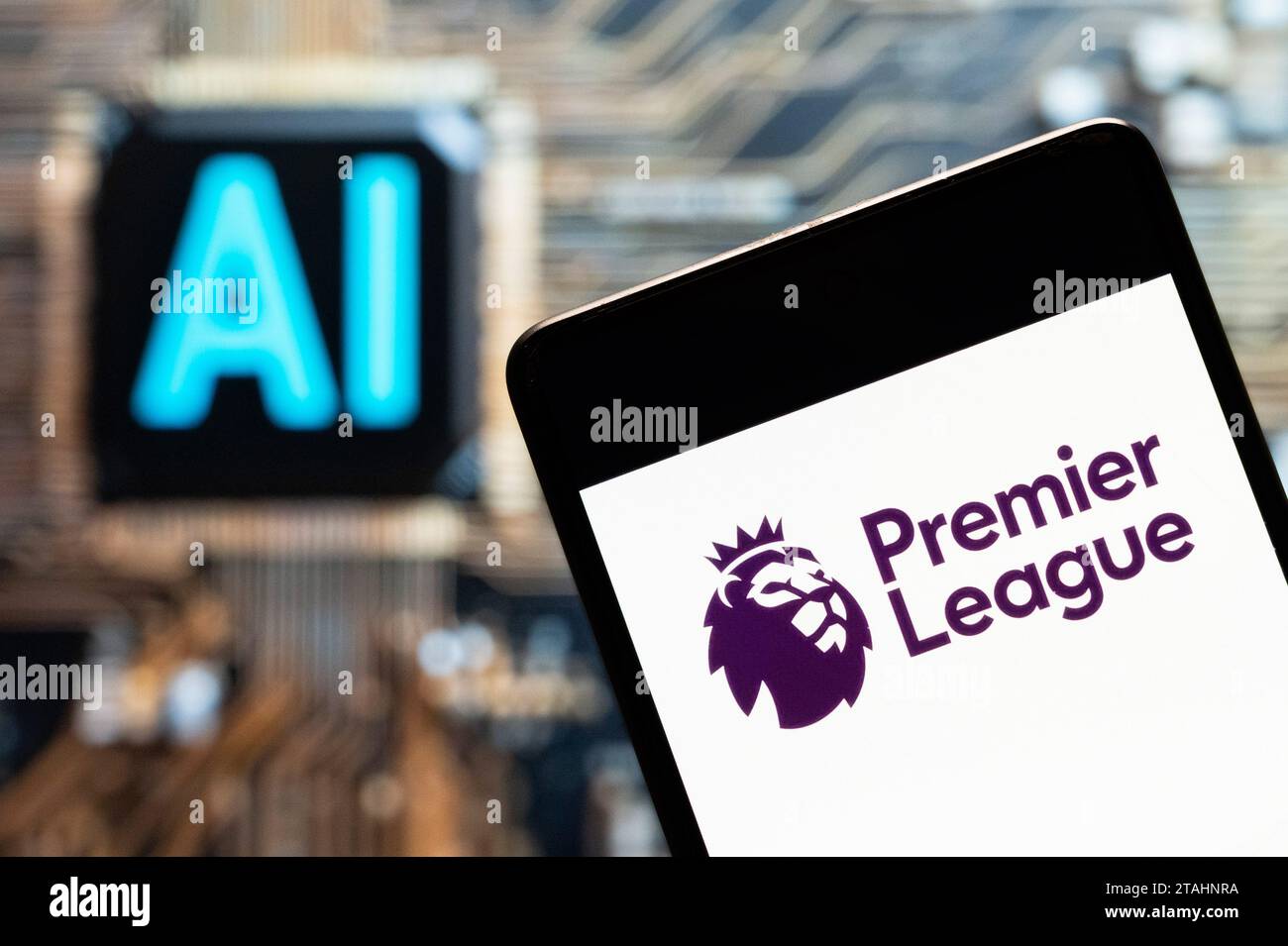China. 03rd Nov, 2023. In this photo illustration, the English professional football top division league Premier League logo seen displayed on a smartphone with an Artificial intelligence (AI) chip and symbol in the background. Credit: SOPA Images Limited/Alamy Live News Stock Photo