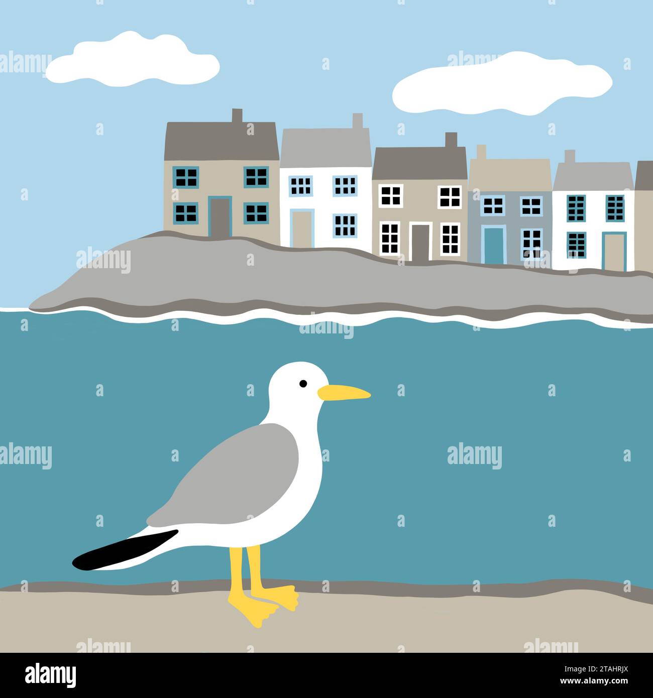 https://c8.alamy.com/comp/2TAHRJX/seagull-on-a-harbour-wall-with-a-terrace-of-seaside-cottages-in-the-background-a-coastal-scene-in-a-cartoon-style-with-a-soft-muted-colour-palette-2TAHRJX.jpg