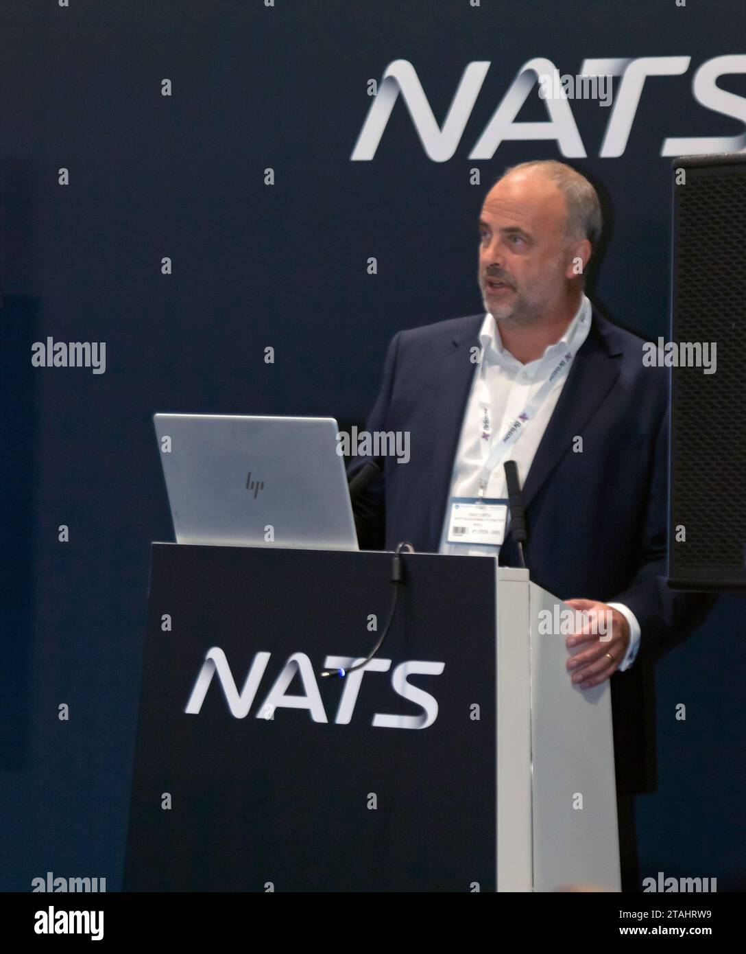 Dave Curtis from NATS, giving a talk entitled 'Unlocking the future of Aviation', at  the 2023 DroneX Tradeshow and Conference, Excel, London. Stock Photo