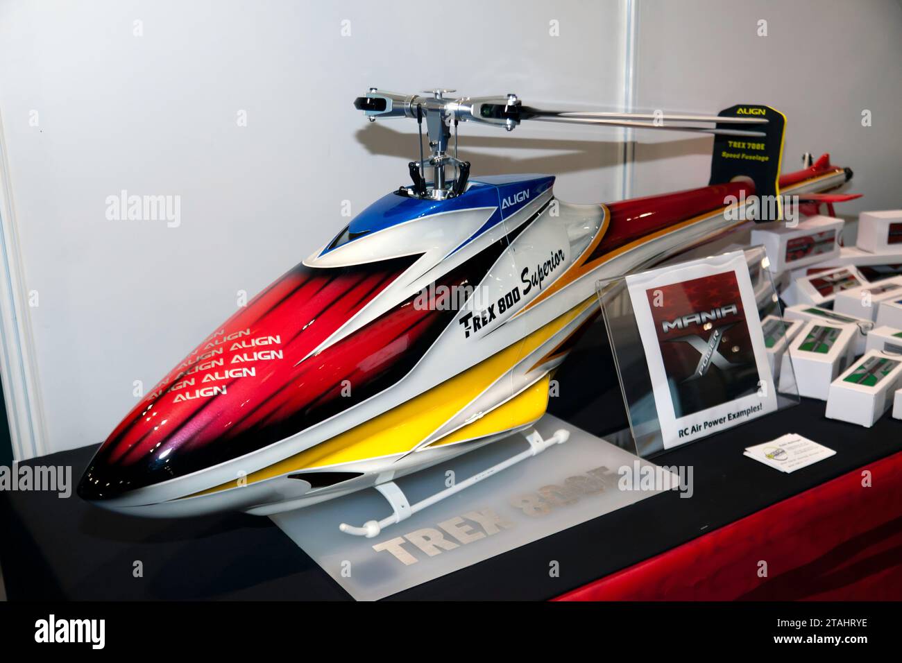 Close-up view ofan Align T-REX 800E PRO DFC Electric RC Helicopter Super Combo RH80E16XT, on display at DroneX 203 Stock Photo