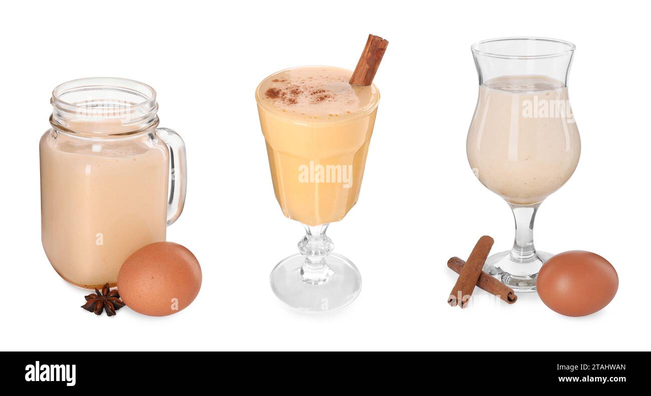 Different delicious eggnog isolated on white, set Stock Photo Alamy