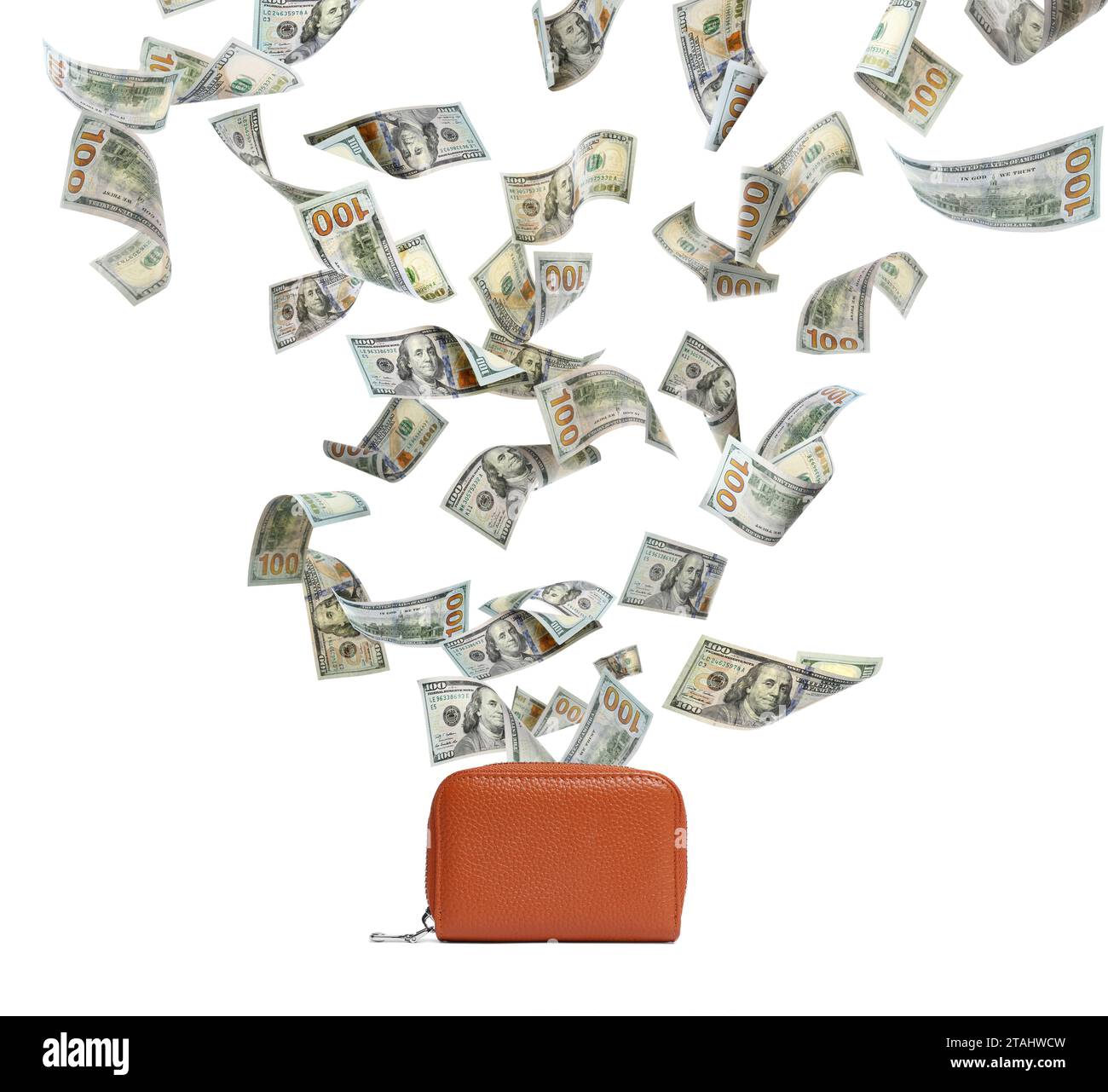 Dollar banknotes falling into purse on white background Stock Photo - Alamy
