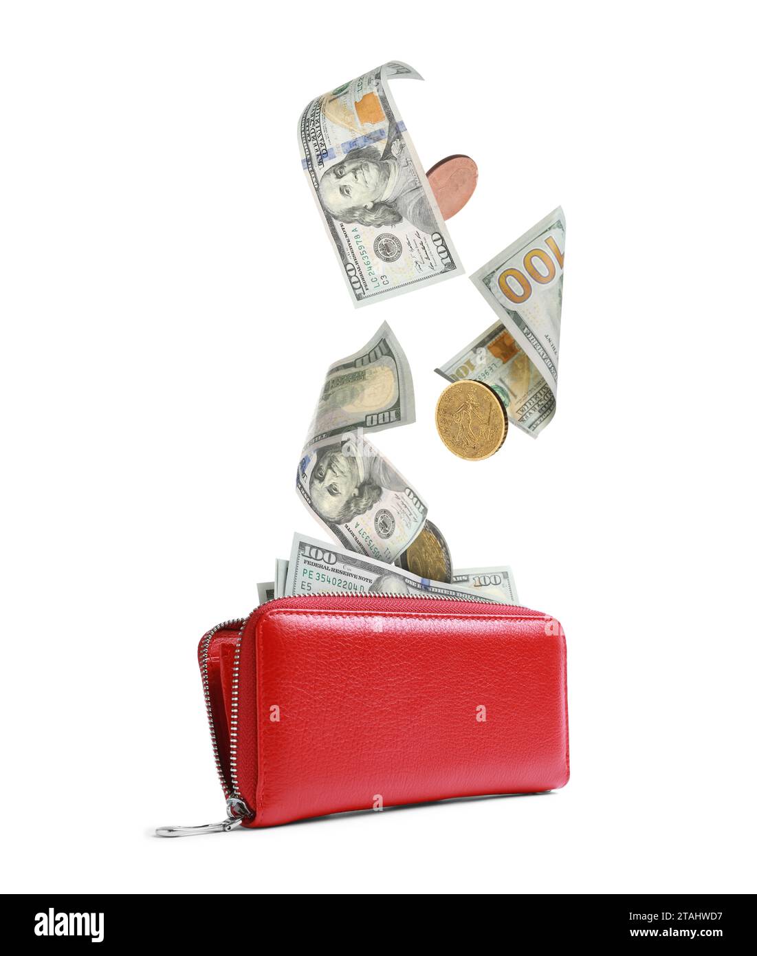 Dollar banknotes and coins falling into purse on white background Stock ...