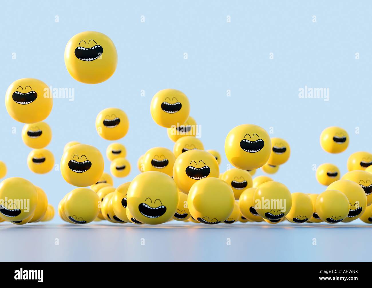 A concept showing a mass of round yellow heads with big smiley faces bouncing in the air on a light background - 3D render Stock Photo