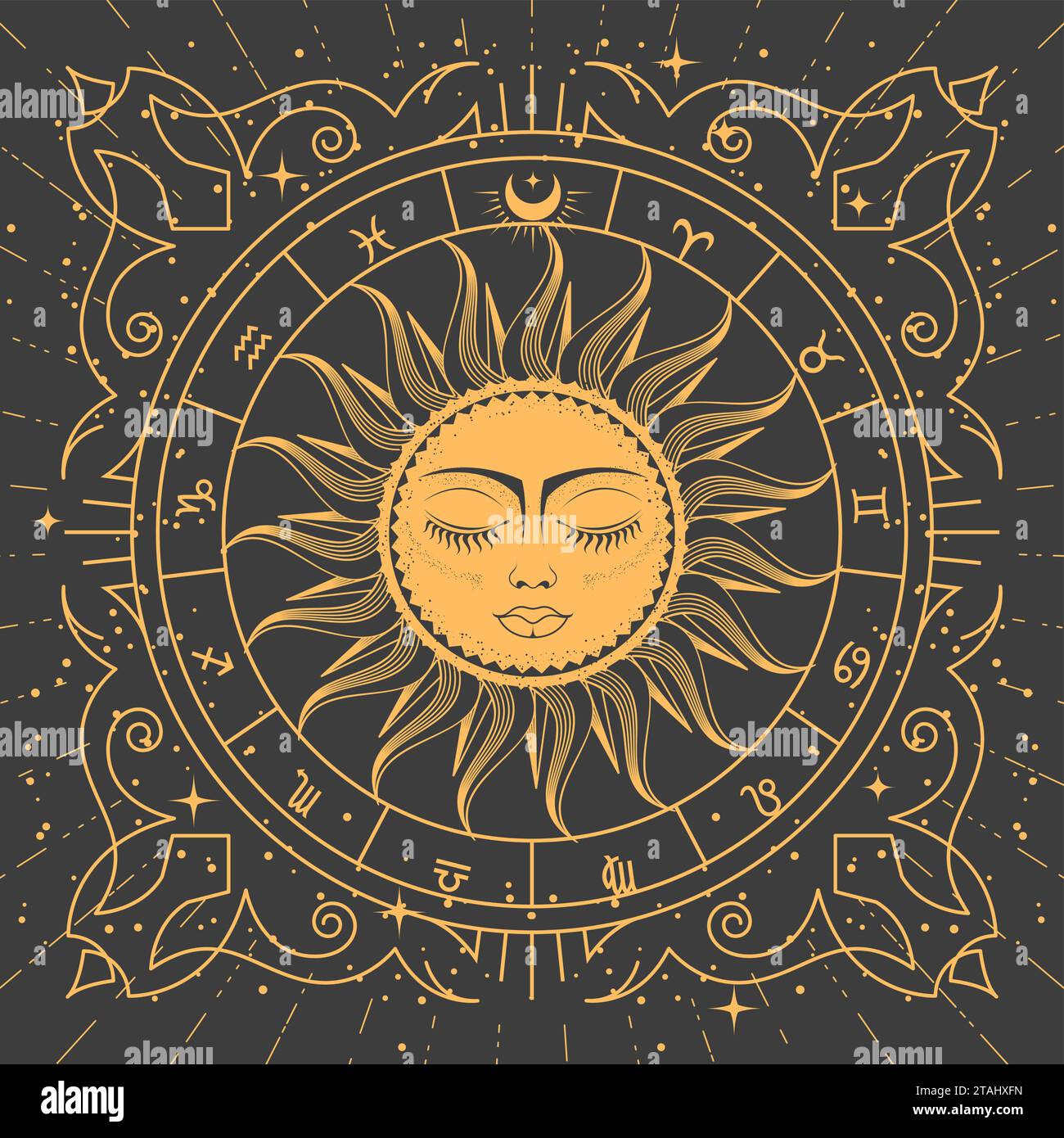Ornamental tarot style frame with magic sun, zodiac signs and esoteric patterns, mystic frame, vector Stock Vector