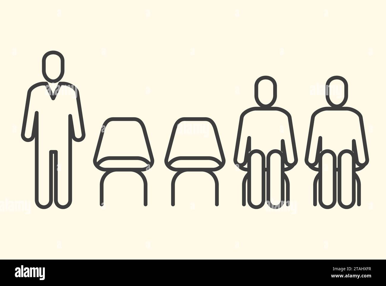 Waiting room icon, row of chairs and men sitting and standing in queue, vector Stock Vector