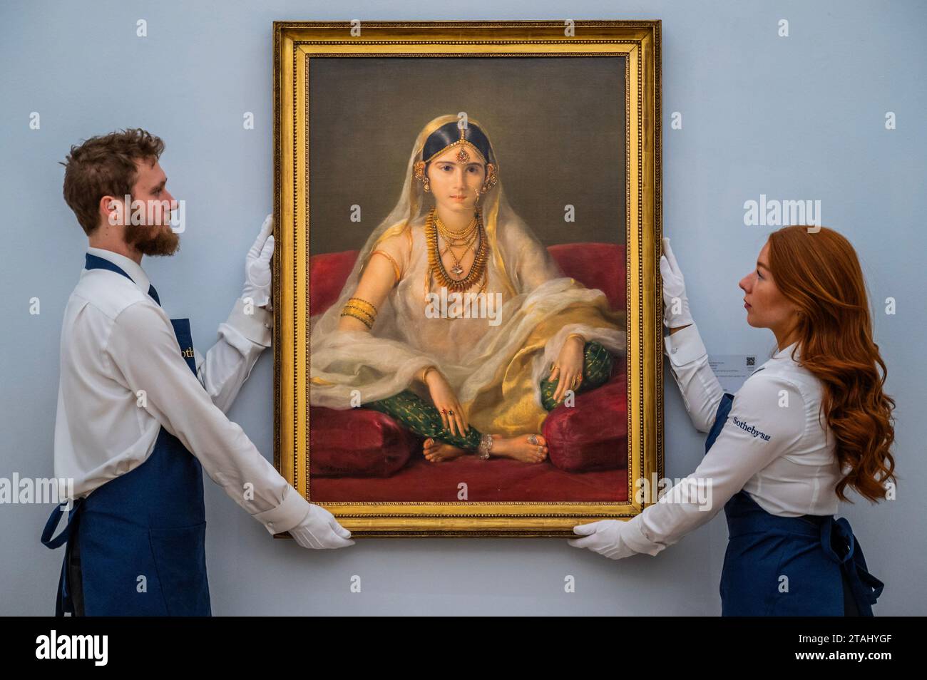 London, UK. 1st Dec, 2023. Francesco Renaldi, Portrait of a Mughal lady, seated in an interior, Estimate 300,000 - 500,000 GBP - A preview of the Old masters sales at Sotheby's London. Credit: Guy Bell/Alamy Live News Stock Photo