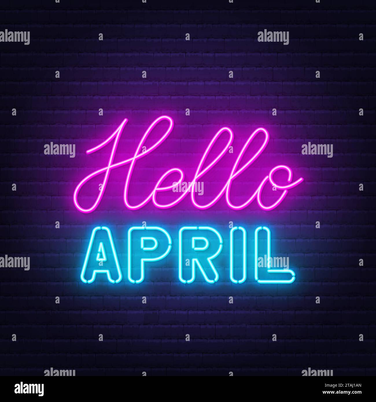 Hello April neon lettering on brick wall background. Stock Vector