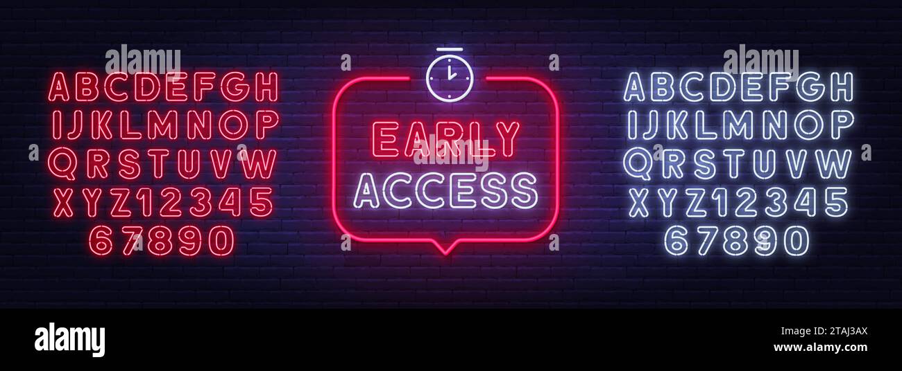 Early Access neon neon sign in the speech bubble on brick wall background. Stock Vector