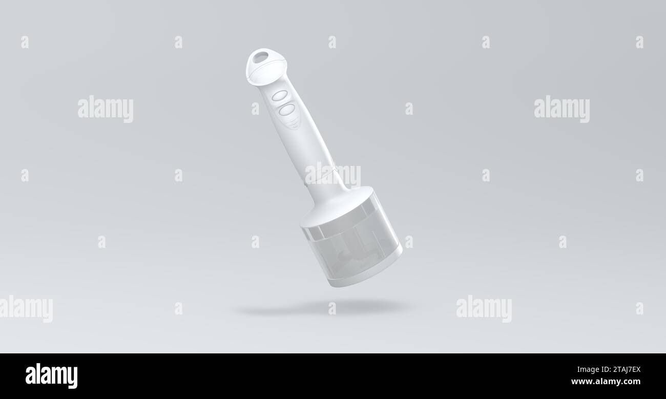 White Vertical Hand Blender on a Soft Gray Studio Background. Perspective view. Monochrome. Minimal Concept. 3D Render. Stock Photo