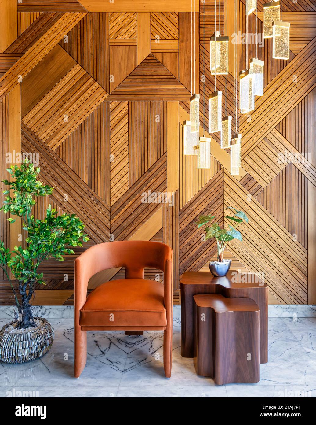 Table Printed Cladding A simple and elegant image of a modern design orange chair and coffe ...