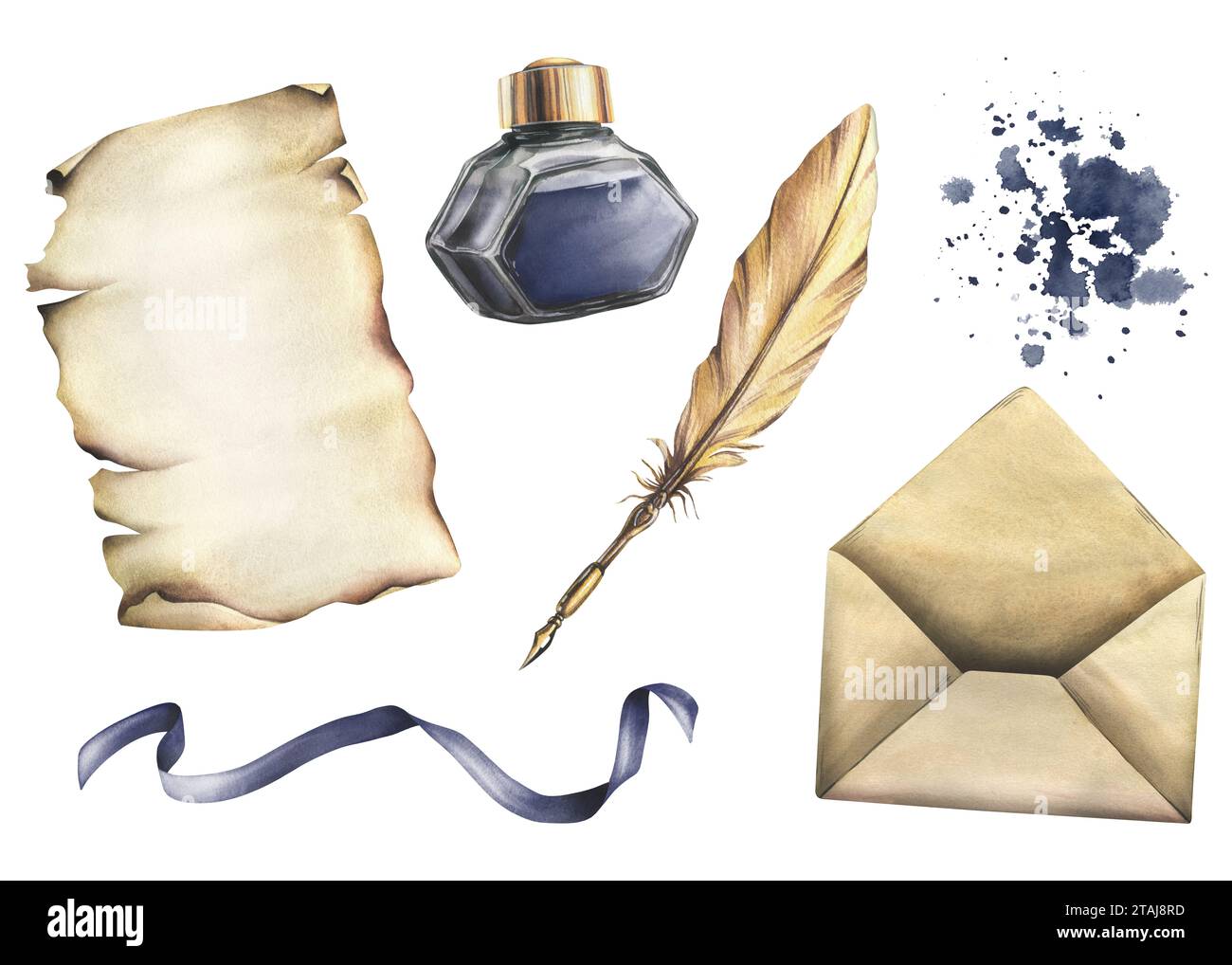 Writing supplies papyrus paper, craft envelope, gold feather, ink in a