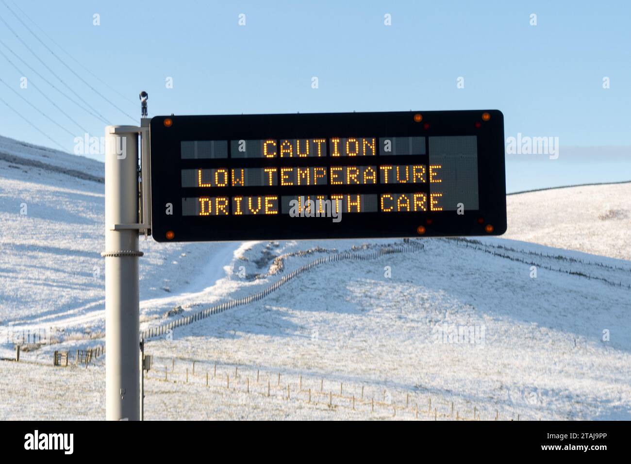 M74 motorway near Abington, South Lanarkshire, Scotland, UK. 1st Dec, 2023. UK weather: Caution Low Temperature Drive with Care variable message sign on the M74 northbound motorway near Abington, South Lanarkshire, Scotland Credit: Kay Roxby/Alamy Live News Stock Photo