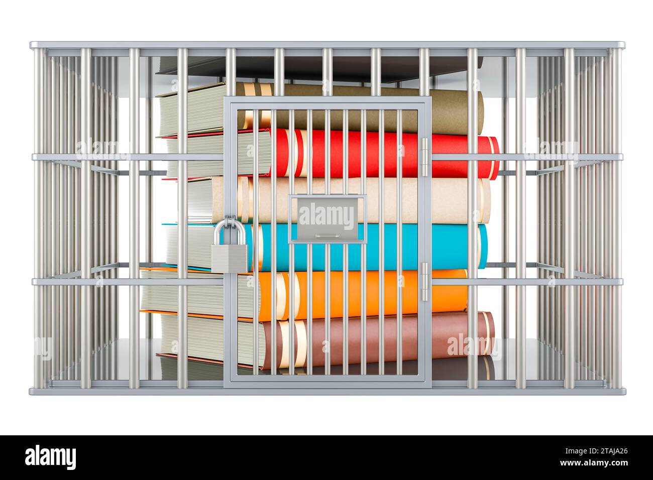 Books inside cage, prison cell. 3D rendering isolated on white