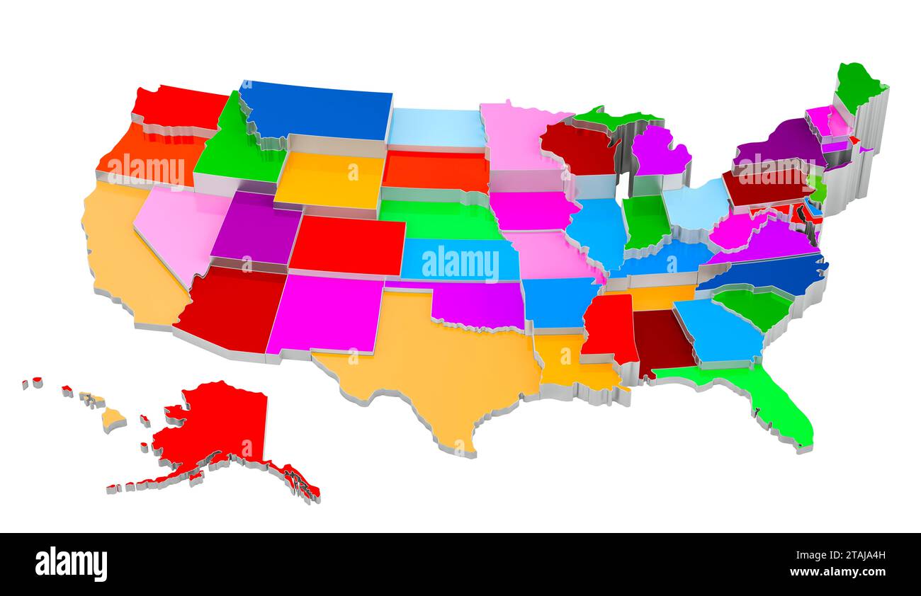Colored The United States of America map with state borders, 3D rendering isolated on white background Stock Photo