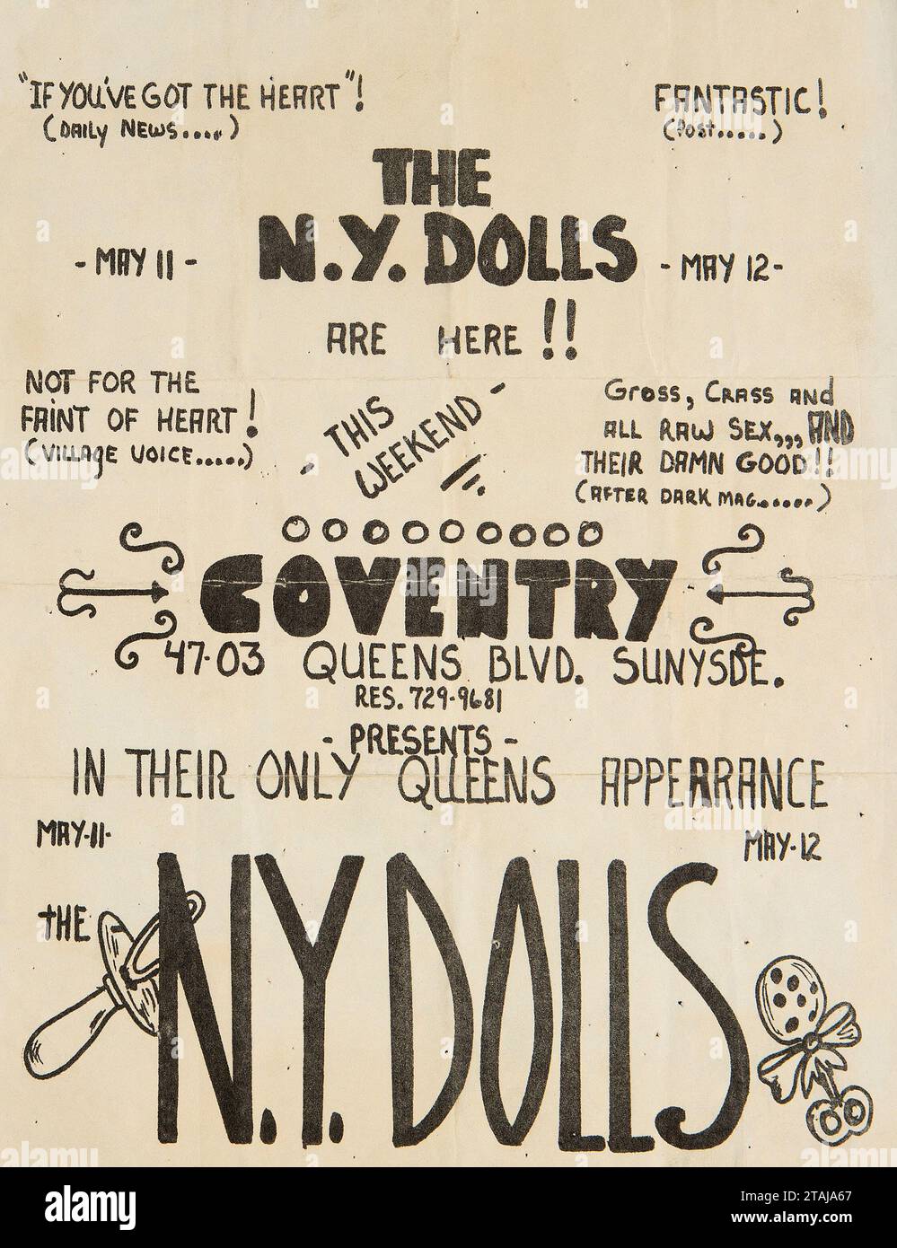 New York Dolls 1973 - Coventry Club Queens, New York - Concert Handbill - flyer Stock Photo