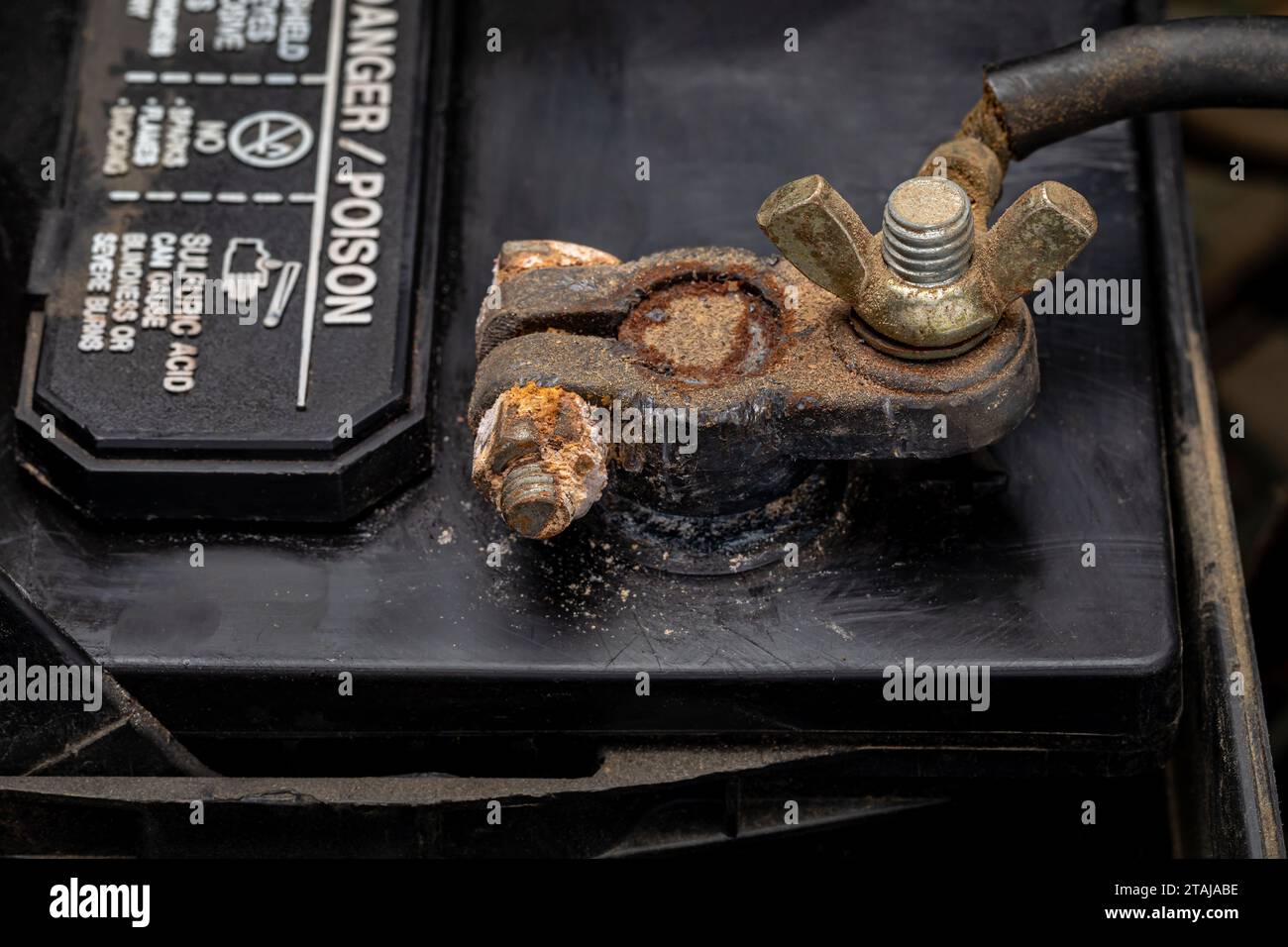Battery terminal corrosion on automotive battery. Car repair, vehicle