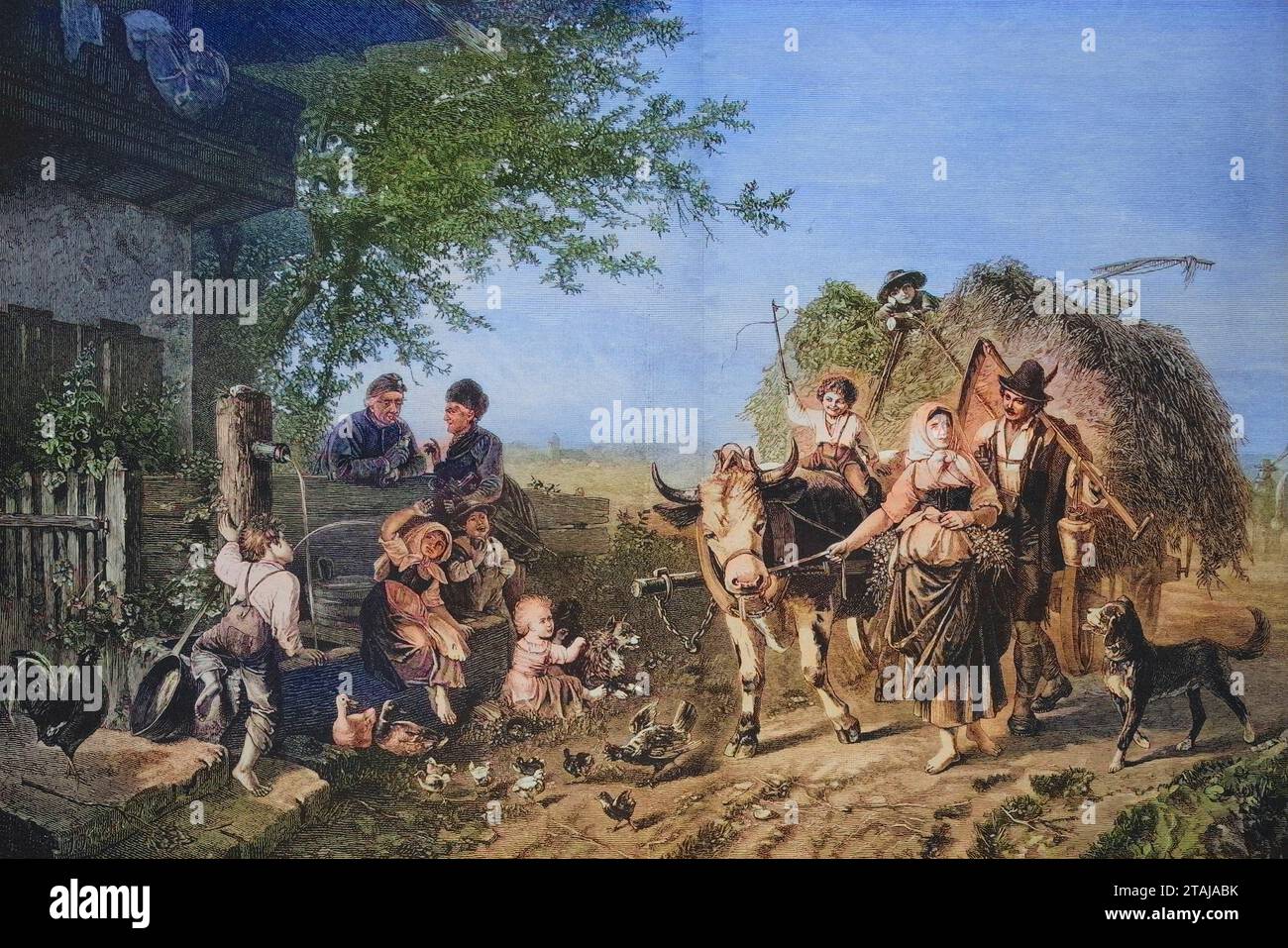 Landwirtschaft, Heuernte, Bauern bringen mit dem Ochsenkarren das Heu in die Scheune, ca 1885, Historisch, digital restaurierte Reproduktion von einer Vorlage aus dem 19. Jahrhundert  /  Agriculture, hay harvest, farmers bring the hay into the barn with the ox cart, ca 1885, Historical, digitally restored reproduction from a 19th century original Stock Photo