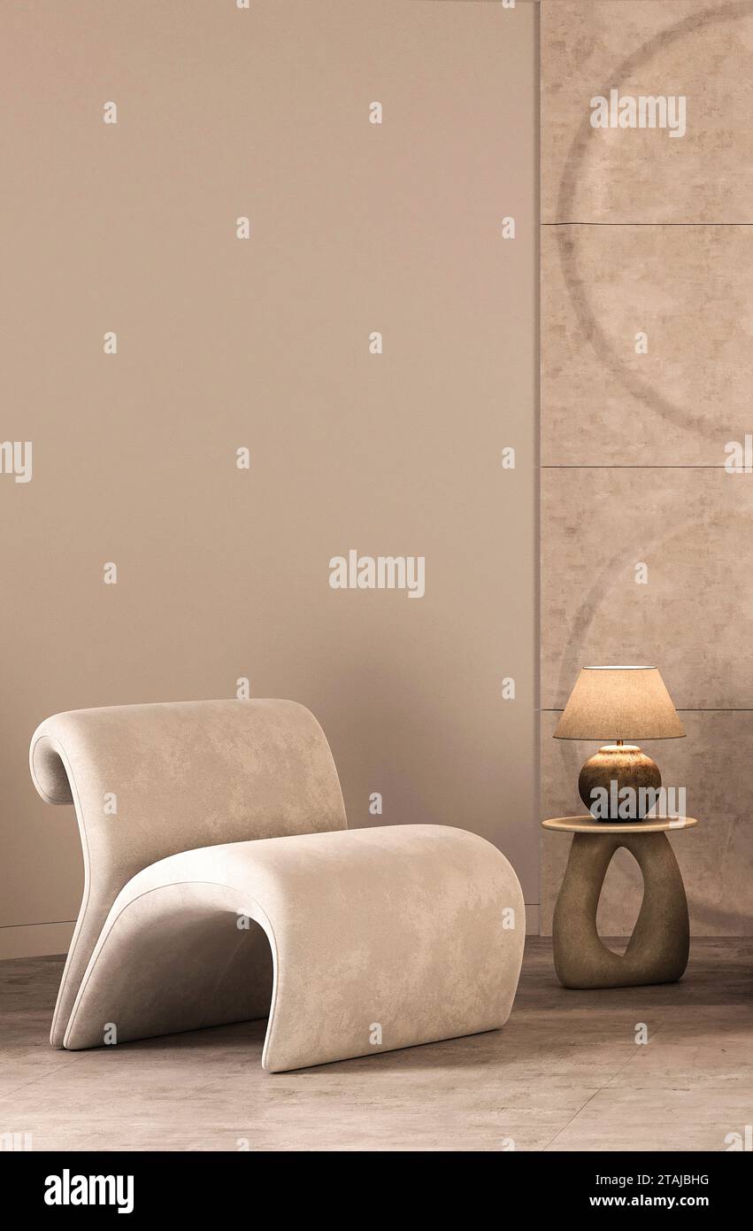 Sculptural chair in modern minimalist interior with elegant lighting 3d ...