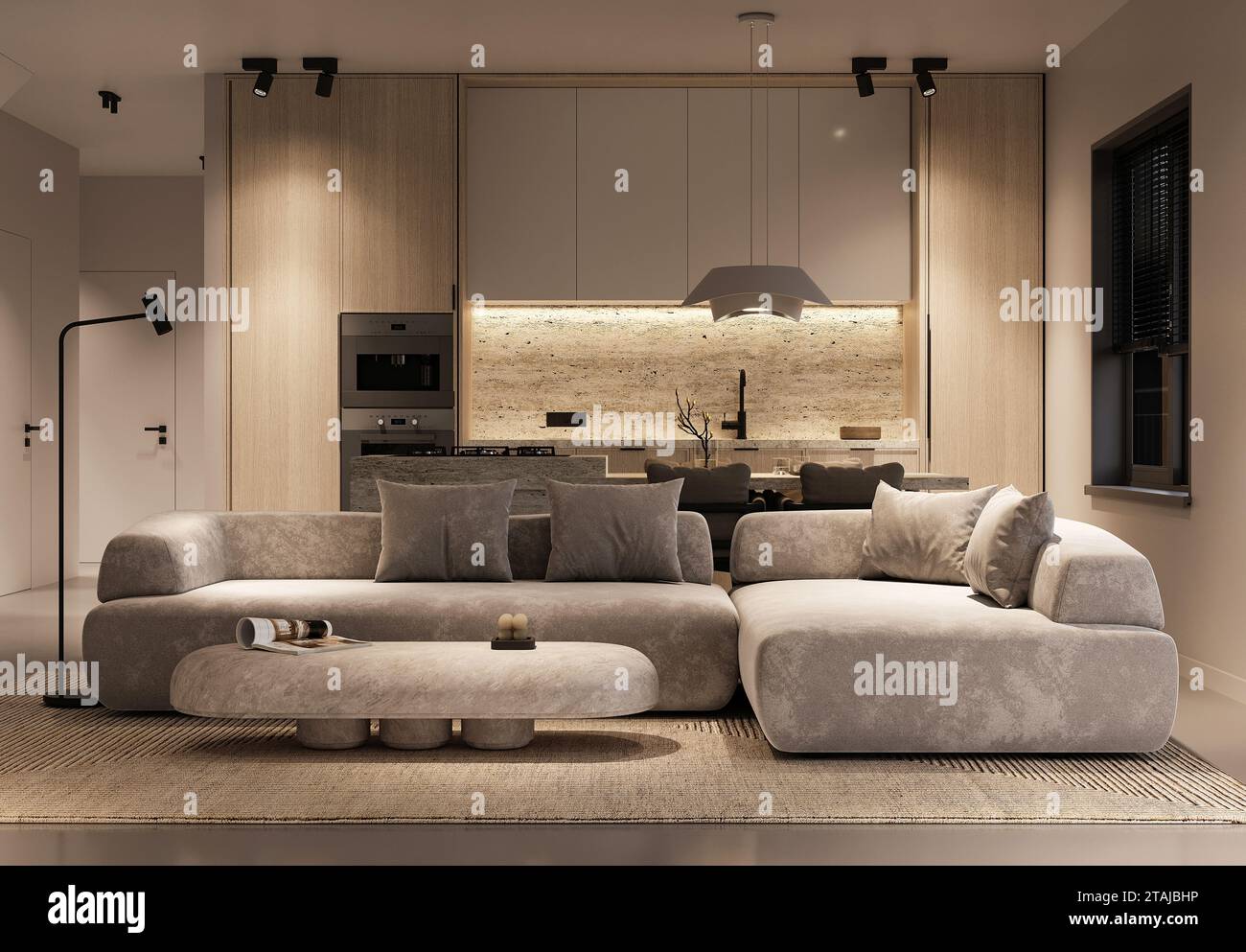 Openplan living area with plush sofas and warm ambient lighting 3d