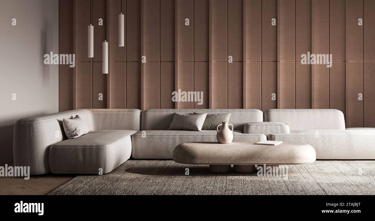 Modern textured living room with sleek sectional and pendant lights 3d ... - Textured Living Room Decorator