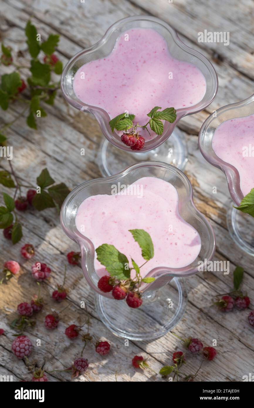 Himbeer-Softeis, Eis, Himbeereis, Soft-Eis, Sofeis, Eis selbermachen aus Naturjoghurt, Quark, Früchten, Wildfrüchten, Banane, Vanillezucker. Schritt 4 Stock Photo