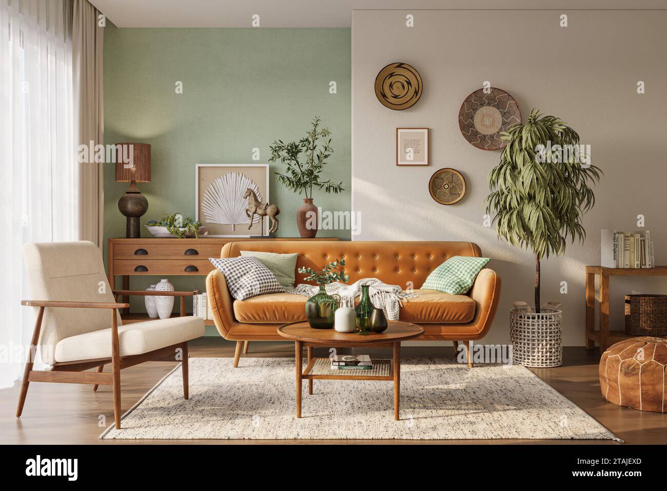 Orange sofa green wall best sale