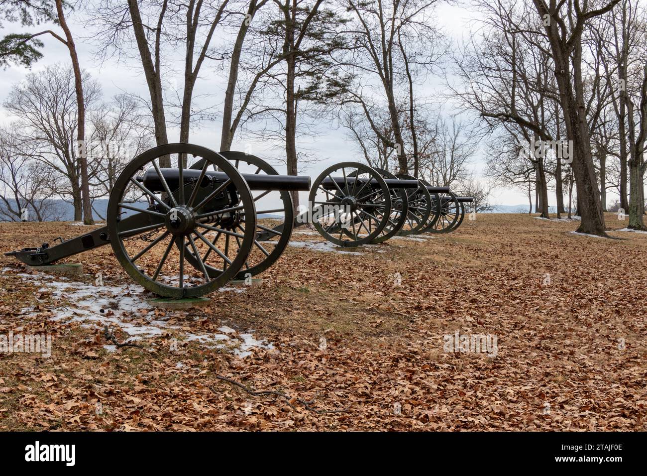 American Civil War cannons, in winter, at Bolivar Heights, West Virginia, USA. Stock Photo