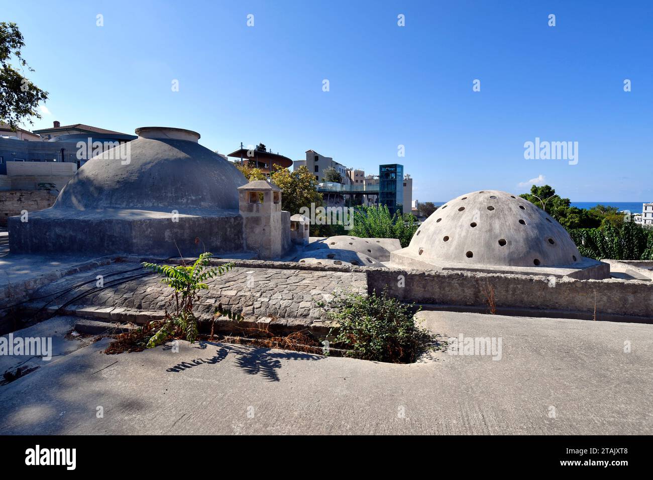 Cyprus, old turkish hammam in old town of Paphos aka Pafos - was European Capital of Culture in 2017, modern lift from parking space to cafe Stock Photo