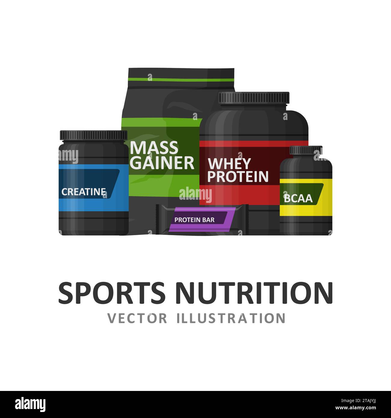 Sports nutrition containers packages, fitness protein power. Set of bodybuilding sport food. Jars and bottles with supplements for muscle growth. Gym Stock Vector