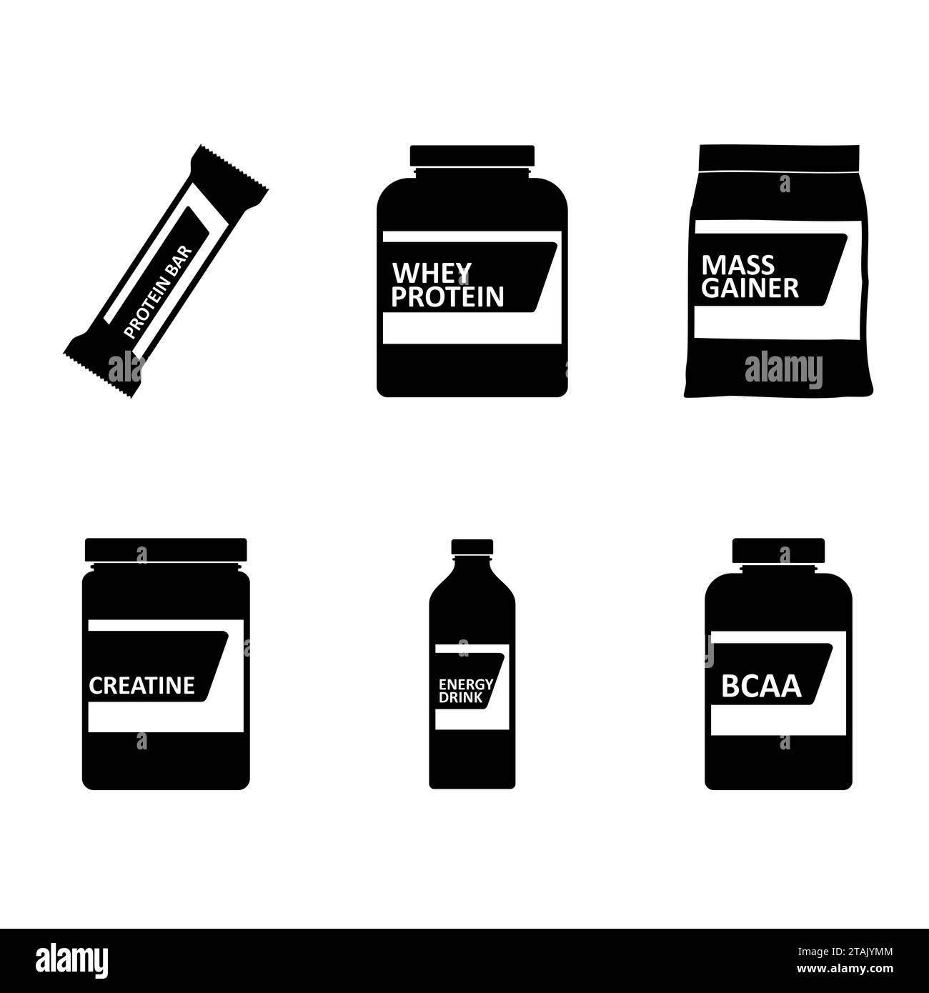 Sports nutrition icons containers packages, fitness protein power. Set of bodybuilding sport food. Jars and bottles with supplements for muscle growth Stock Vector