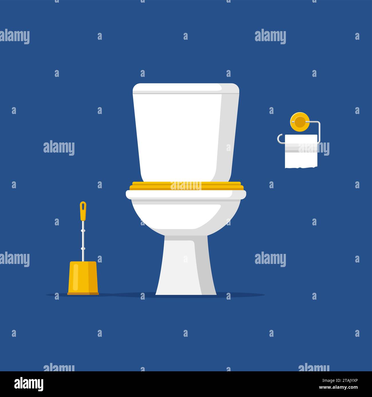 Modern toilet room interior, Classic white ceramic toilet bowl with water tank, paper and brush in flat style. Equipment and accessories for restroom. Stock Vector