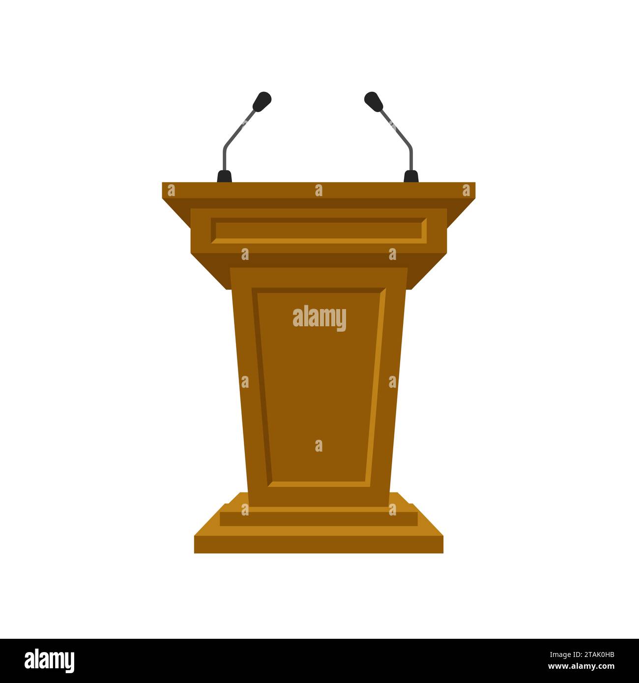 Wooden tribune stand rostrum with microphones on white background. Podium or pedestal stand for speech or public pulpit for orator. Tribute for press Stock Vector