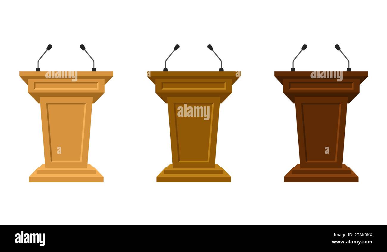 Wooden set of three colored tribunes stand rostrum with microphones. Podium or pedestal stand for speech or public pulpit for orator. Tribute Stock Vector