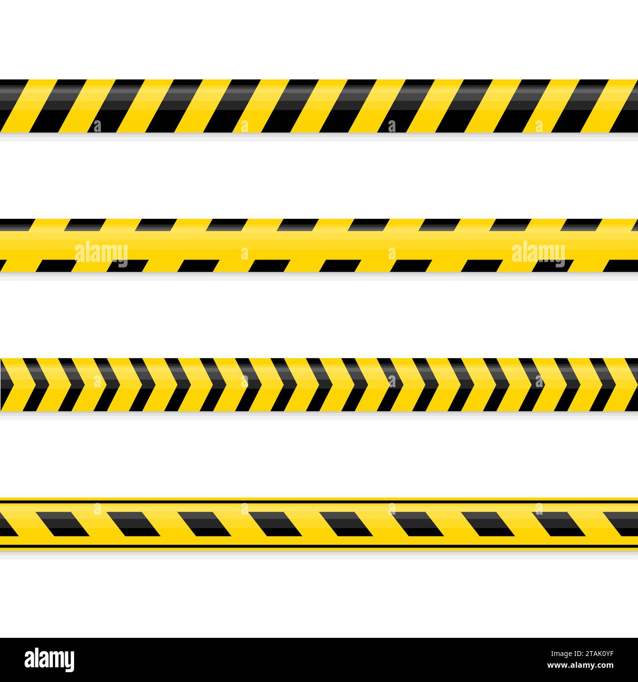 Set of seamless yellow and black warning tapes isolated on white background. Police insulation line, signs of danger, do not cross, warning, caution. Stock Vector