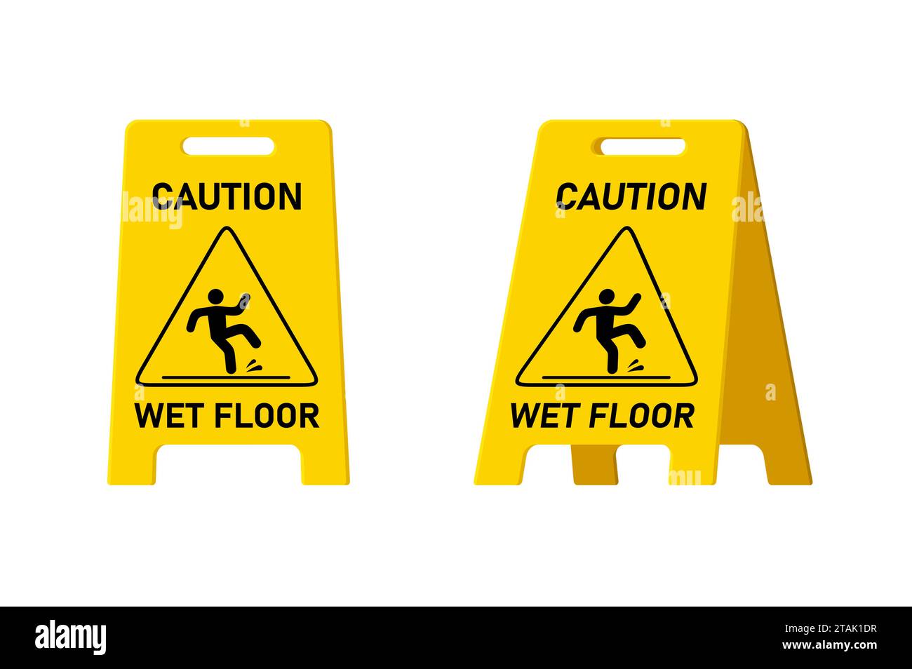 Wet floor caution sign isolated on white background, Public warning yellow symbol clipart. Slippery surface beware plastic board design element. Stock Vector