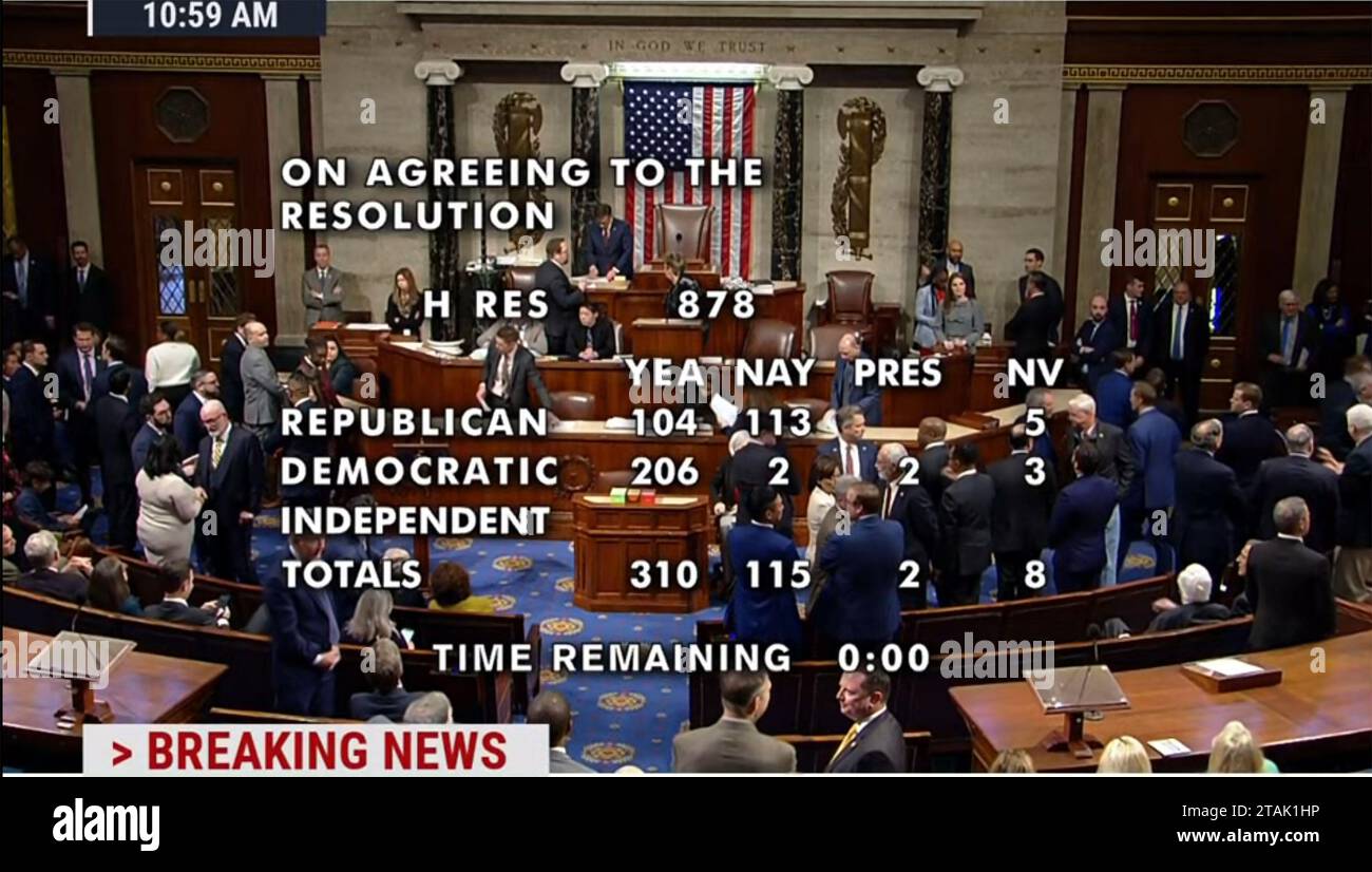Washington, United States. 01st Dec, 2023. A screengrab shows the vote that expelled Rep. George Santos, R-NY, from the U.S. Congress in the House Chamber in Washington, DC on December 1, 2023. The republican congressman has been indicted on numerous charges. Some votes changed after the deadline. Credit: UPI/Alamy Live News Stock Photo