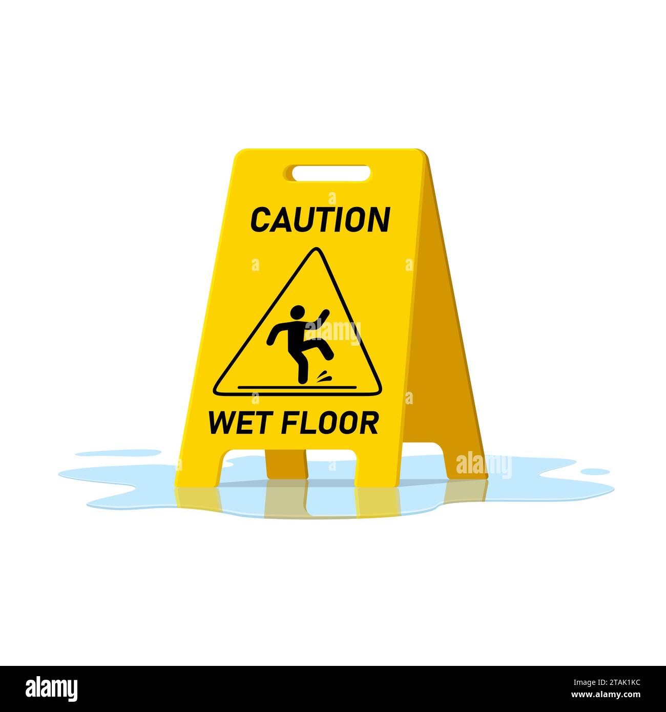 Wet floor caution sign and water puddle isolated on white background, Public warning yellow symbol clipart. Slippery surface beware plastic board Stock Vector