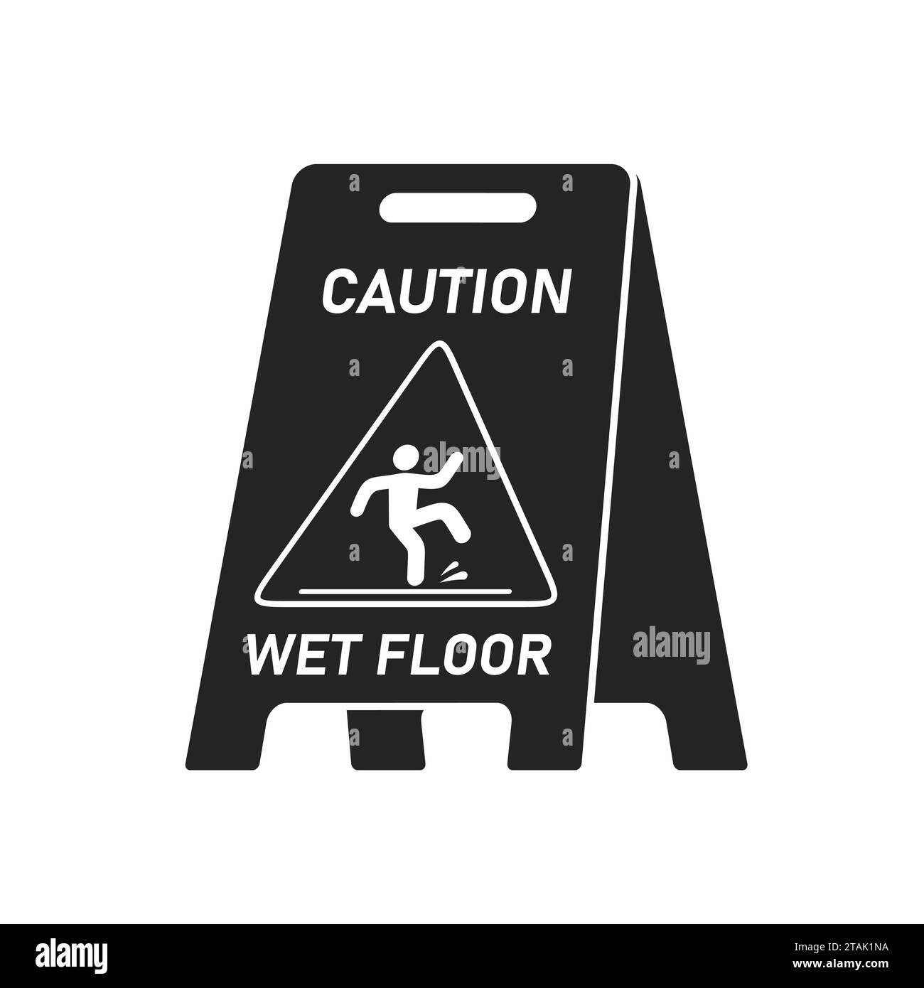 Black wet floor caution sign isolated on white background, Public warning symbol clipart. Slippery surface beware plastic board design element. Stock Vector