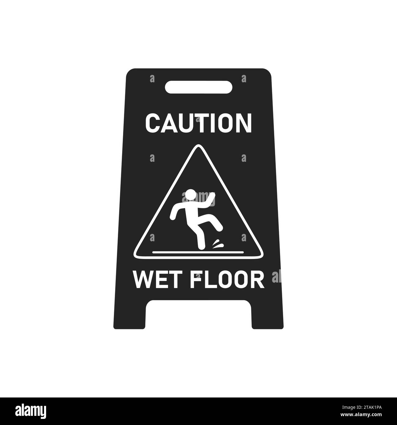 Black wet floor caution sign isolated on white background, Public warning symbol clipart. Slippery surface beware plastic board design element. Stock Vector