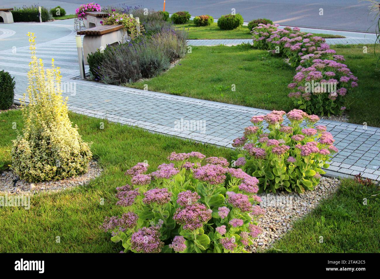 Fragments of modern design from landscaping in the garden, park, square, recreation area Stock Photo
