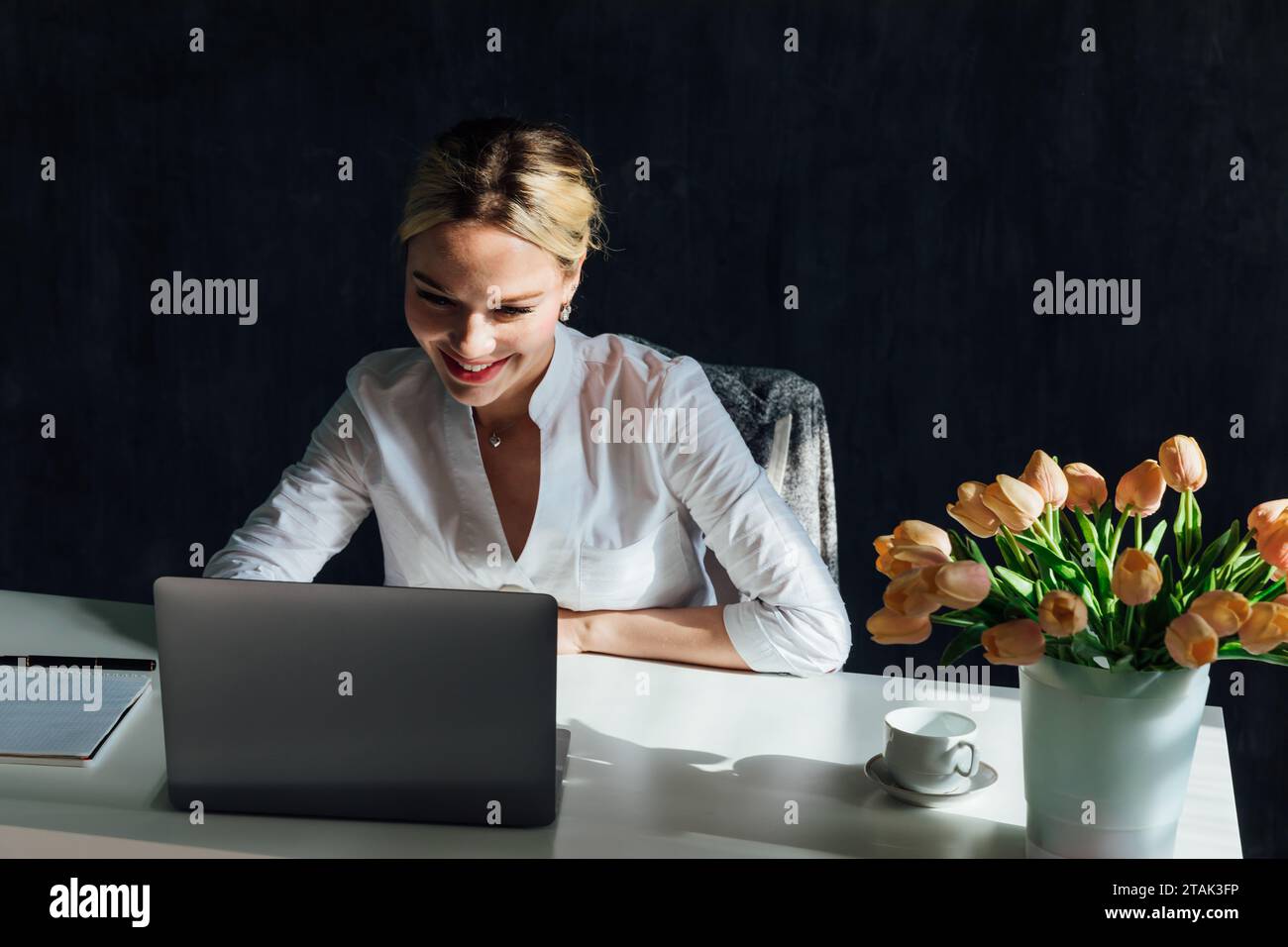 Stylish Female Working on Laptop Computer in a Company Office in the Evening. Young Manager Stock Photo