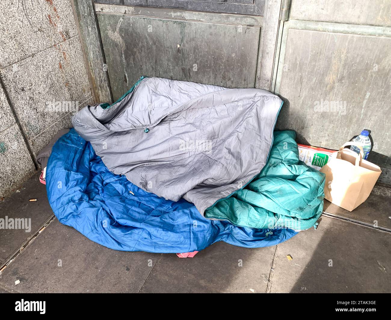 London, UK. 21st November, 2023. Sleeping bags belonging to a homeless