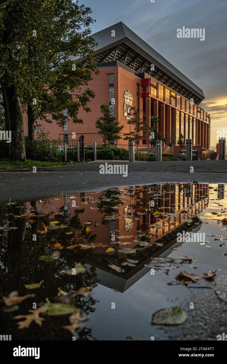 The Anfield Stadium in Liverpool, reflection on the water Stock Photo