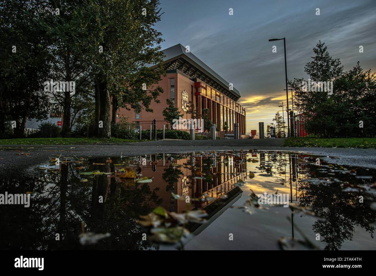 Home of Liverpool Football Clubb, the Anfield Stadium, reflection on the water Stock Photo