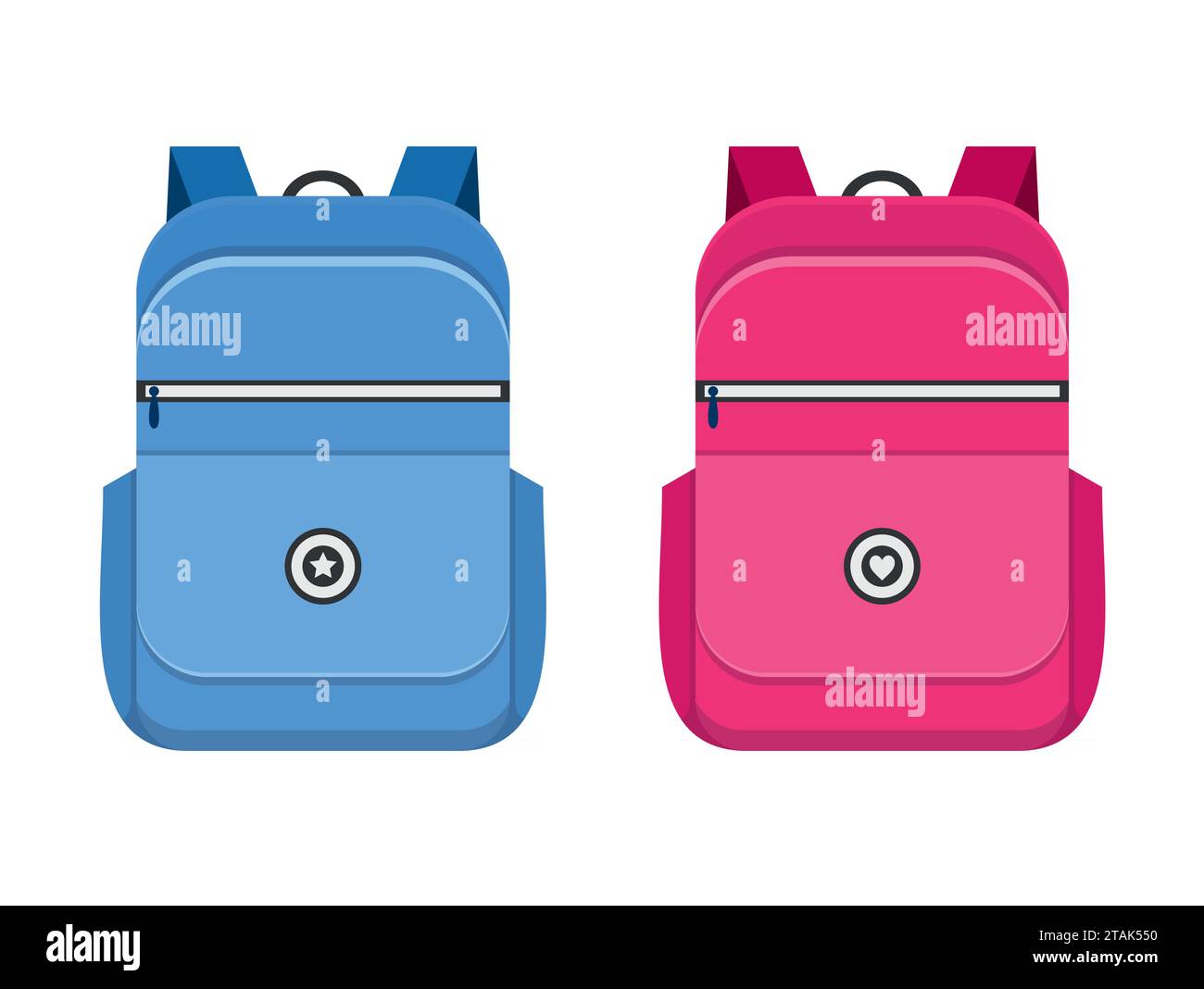 Backpack isolated on white background. School bag handle strap sack in flat style. Blue and pink schoolbag icons supplies educational Stock Vector