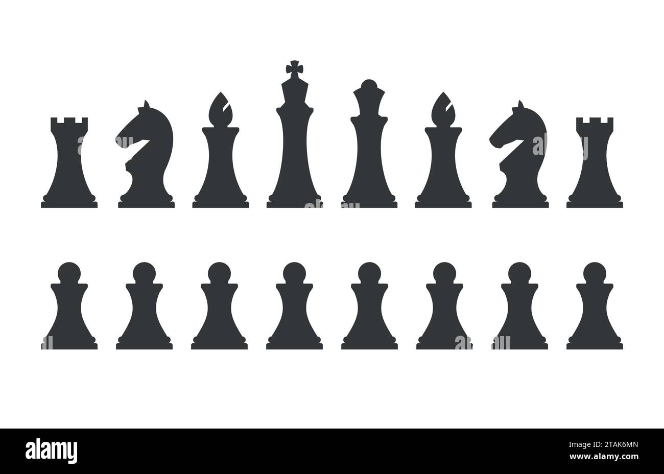 Set chess pieces isolated on white background. Chess pieces including the king, queen, bishop, knight, rook and pawn in flat style. Stock Vector
