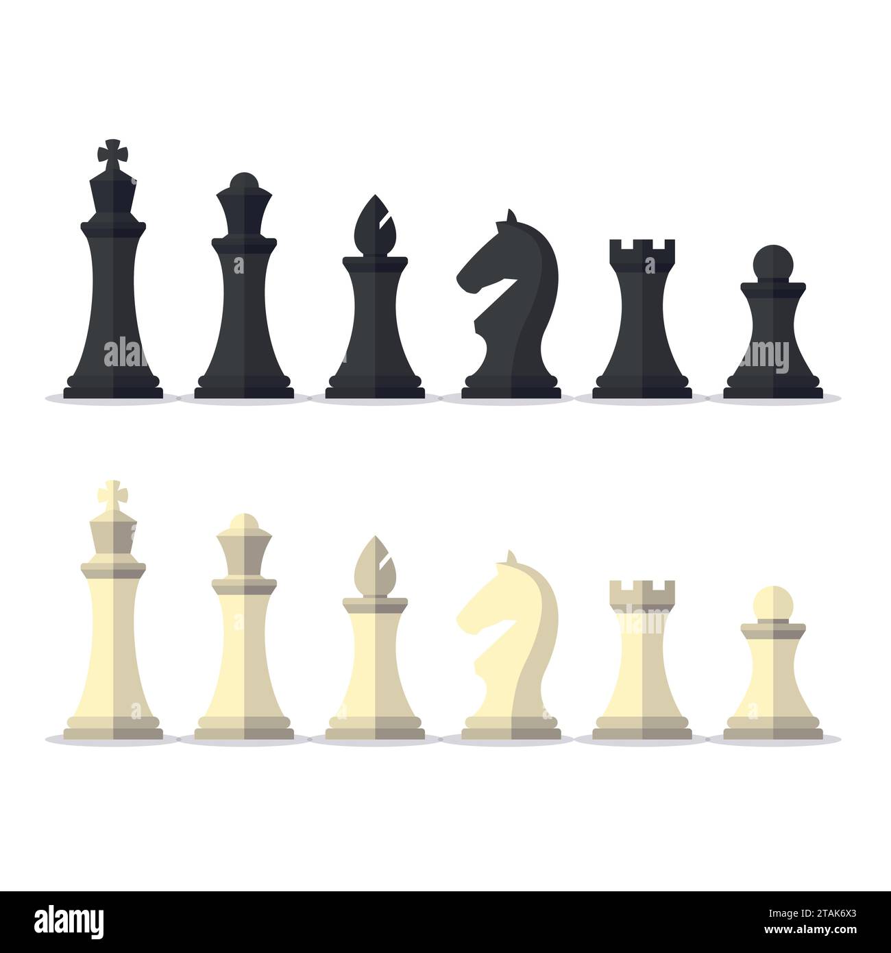 Set black and white chess pieces isolated on white background. Chess pieces including the king, queen, bishop, knight, rook and pawn in flat style. Stock Vector