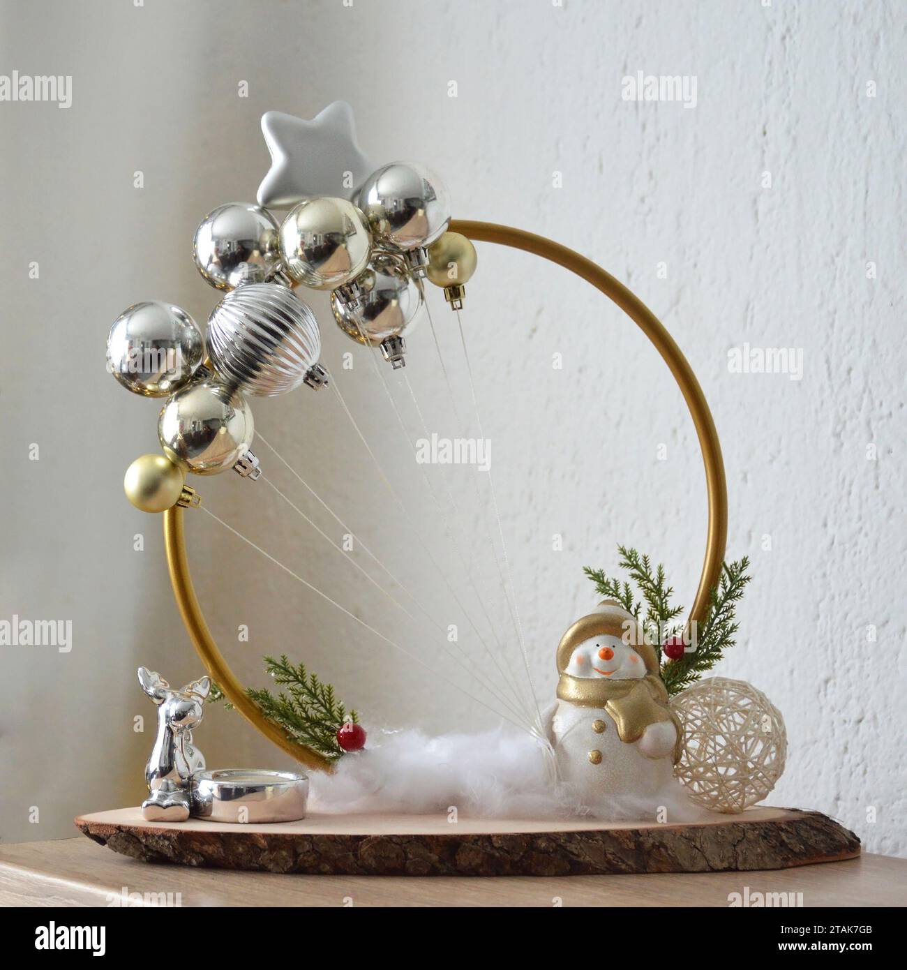 Hand-made Christmas decoration. Christmas craft concept. Snowman holding baubles as balloons. Stock Photo